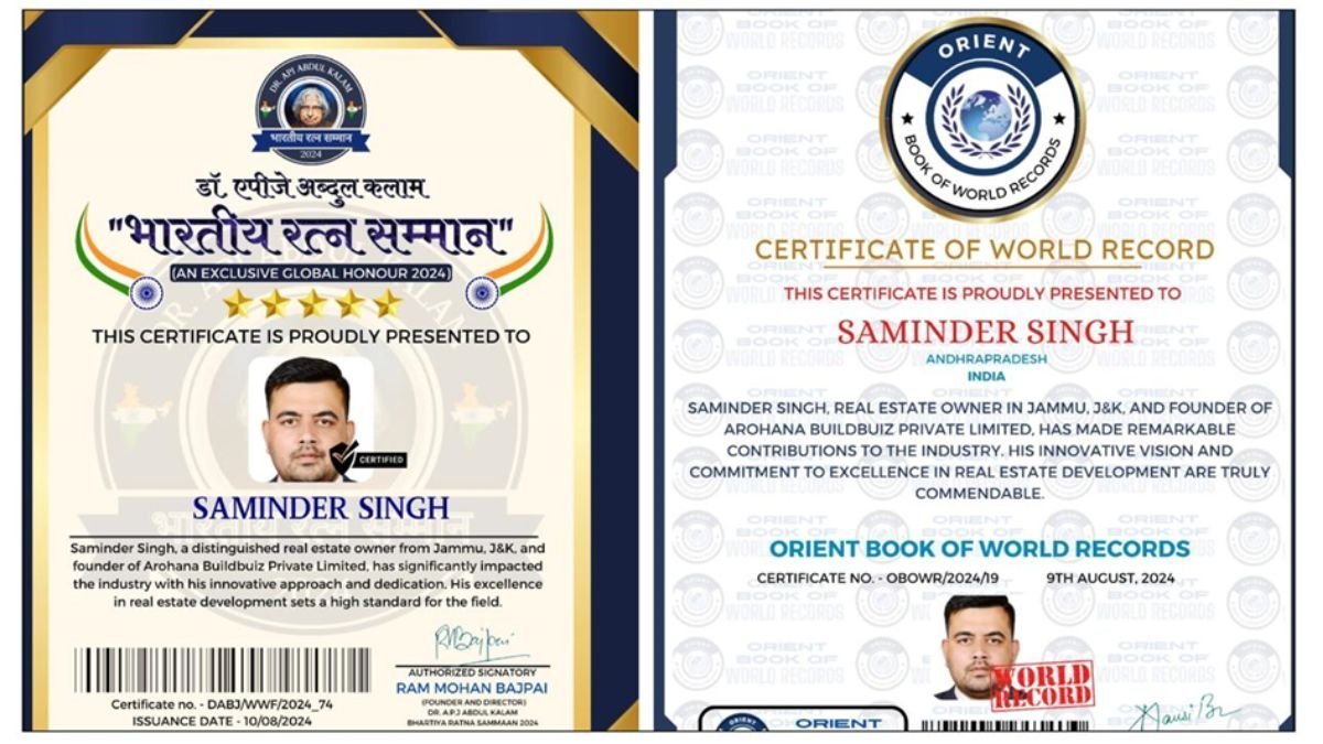 Dr. Saminder Singh (Sourav) awarded with “Bharatiya Ratna Samman” and World Record Certificate